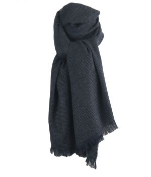 Donkerblauwe wol-blend sjaal met geweven stippen patroon