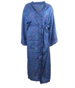 Lange kobaltblauwe zijde-blend kimono met paisley print 