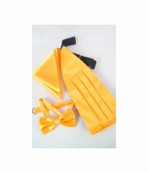 Set van geel satijn met cumberband, vlinderstrik en pochet