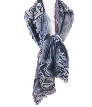 Dubbeldoeks franje sjaal in tinten denimblauw
