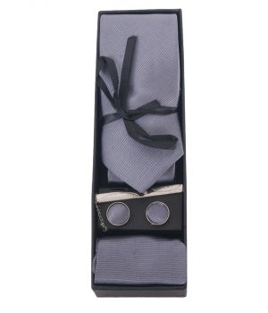 Cadeau-set van stropdas, pochet en manchetknopen in grijs