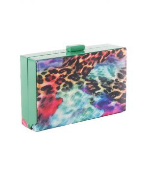 Emeraldgroene box clutch met multicolor panterprint