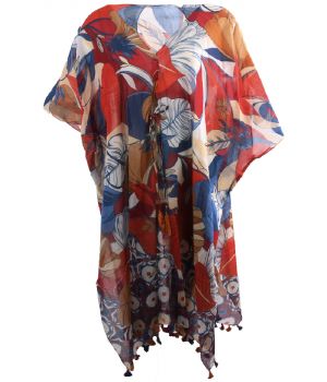Katoenen kimono met bloemenprint in rood en blauw