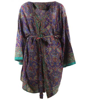 Korte zijde-blend kimono in kobalt en zeegroen