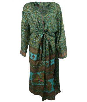 Turquoise lange zijde-blend kimono met paisley