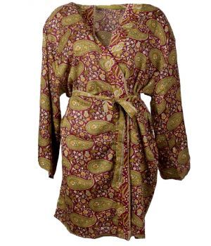 Korte zijde-blend kimono in wijnrood en lime