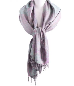 Blauw-grijze pashmina sjaal met bloemen- en paisley patroon
