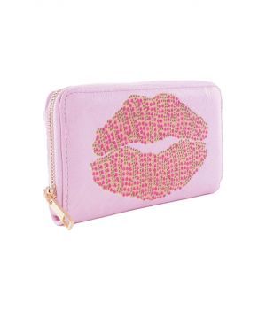 Lila zip around portemonnee met lippenprint met steentjes belegd