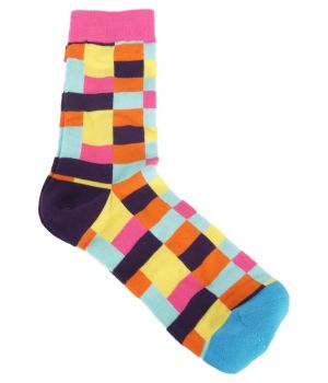 Trendy sokken met mintgroen /roze/oranje blokruit