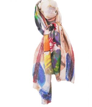 Sjaal met multicolor print van mozaïek-vormen en zwanen