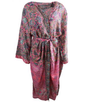 Lange zijde-blend kimono in zalmroze met bloemenprint