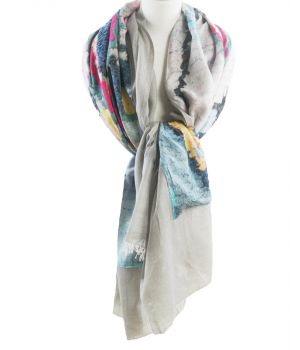 Lichtgrijs gemeleerde sjaal met multicolor middendeel