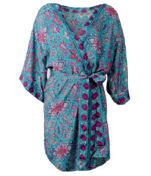 Turquoise zijde-blend kimono met roze paisley print