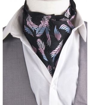 Zwarte cravat+ pochet met verenprint 