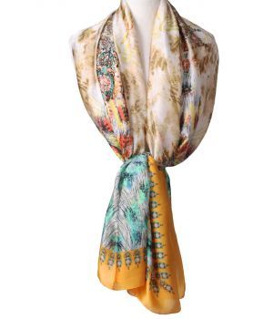 Zijde-blend sjaal in warmgeel met mixed print